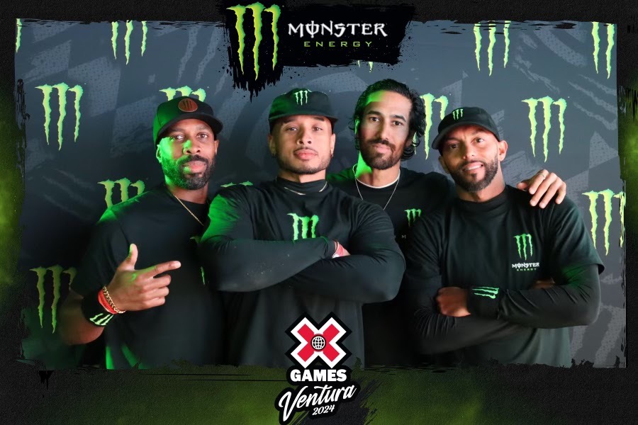 The crew at X Games Ventura 2024 in California, USA, in front of a Monster Energy backdrop